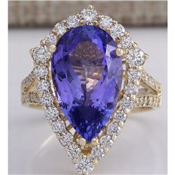 8.16 CTW Natural Blue Tanzanite And Diamond Ring 18K Solid Yellow Gold