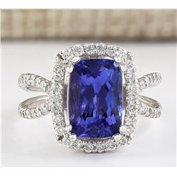 5.02 CTW Natural Blue Tanzanite And Diamond Ring In 18K White Gold