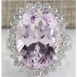 22.00 CTW Natural Kunzite And Diamond Ring In 14K White Gold