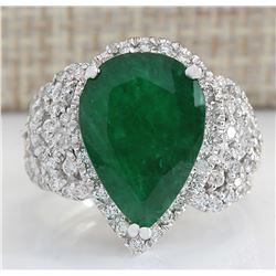 8.20 CTW Natural Emerald And Diamond Ring In 18K White Gold