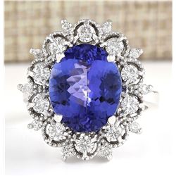 6.47 CTW Natural Blue Tanzanite And Diamond Ring 18K Solid White Gold