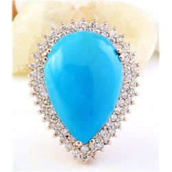 13.50 CTW Natural Turquoise 18K Solid Rose Gold Diamond Ring