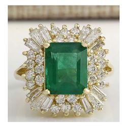 6.11 CTW Natural Emerald And Diamond Ring 14K Solid Yellow Gold