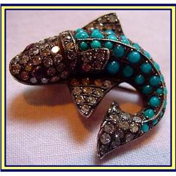 ANTIQUE DIAMOND TURQUOISE RUBY FISH BROOCH #1094504