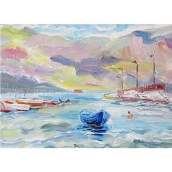 "Dark Blue Boat" oil in impressionism style. #1115517