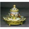 Image 1 : Antique Champleve Inkwell Enamel Brass Jade #1115981