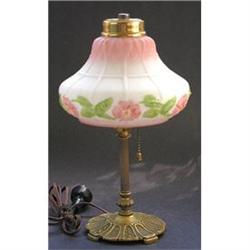 Pink Floral Milk Glass and Brass Bedside Lamp #1142681