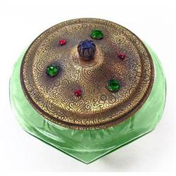 Jeweled Green Depression Glass Powder Jar #1142738
