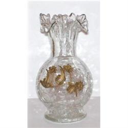 6.75 IN. RARE CRACKLE GLASS VASE W BRASS DÉCOR #1143227