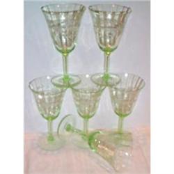 Six Floral Cut Green Depression Glass Goblets #1144427