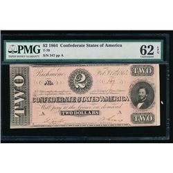 1864 $2 Confederate States of America Note PMG 62EPQ