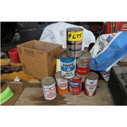 7 OIL CANS (MOBIL, CHRYCO PARTS, ESSO, COOP, PRESTONE, HUSKY & CANADIAN)