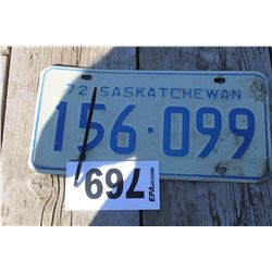 1972 SASKATCHEWAN LICENSE PLATE (BLUE)