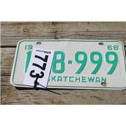 1968 SASKATCHEWAN LICENSE PLATE (GREEN)