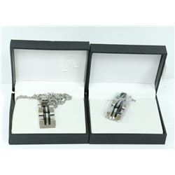 2PK BLACK & ST. STEEL 24" RAISED PENDANT NECKLACES
