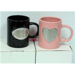 2PK BLACK OVAL EMBLEM & PINK HEART CERAMIC MUGS