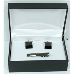 SILVER / MATTE GUN METAL TIE BAR & CUFF LINKS SET
