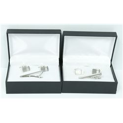 2PK SILVER TEXTURED TIE BAR & CUFF LINK SETS