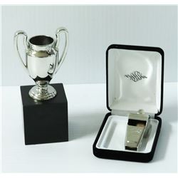 SILVER COACH WHISTLE & SMALL TROPHY
