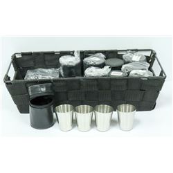 SMALL BASKET OF ST. STEEL SHOT GLASSES IN POUCHES