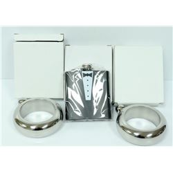 BUNDLE OF 3 ASSORTED FLASKS; TUXEDO & BRACELET