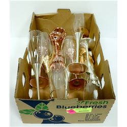 SMALL BOX OF ASSORTED CHAMPAGNE FLUTES; GOLD/ PINK