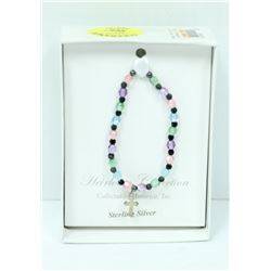 MULTI BEADED BRACELET W/ STERLING SILVER CROSS