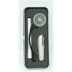 3PC ST. STEEL KNIFE, COMPASS & FLASHLIGHT SET