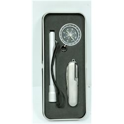 3PC ST. STEEL KNIFE, COMPASS & FLASHLIGHT SET