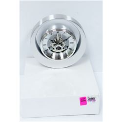 ROUND SILVER DESK CLOCK W/ BRASS MOVEMENT