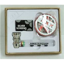 AMSTERDAM GLASS/ METAL PIPE & GRINDER SET; RED