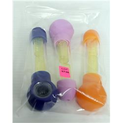 3PK OF ASSORTED COLOR SILICONE & GLASS PIPES