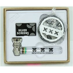 AMSTERDAM METAL/ GLASS PIPE & GRINDER SET; BLACK