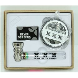 AMSTERDAM METAL/ GLASS PIPE & GRINDER SET; BLACK
