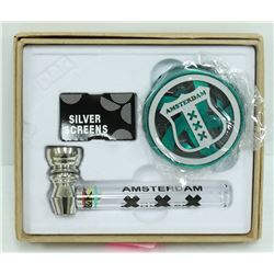 AMSTERDAM METAL/ GLASS PIPE & GRINDER SET; GREEN