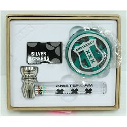 AMSTERDAM METAL/ GLASS PIPE & GRINDER SET; GREEN