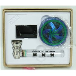 AMSTERDAM METAL/ GLASS PIPE & GRINDER SET; GREEN/
