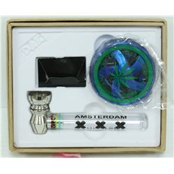 AMSTERDAM METAL/ GLASS PIPE & GRINDER SET; GREEN/