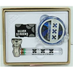 AMSTERDAM METAL/ GLASS PIPE & GRINDER SET; BLUE