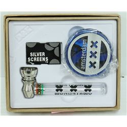 AMSTERDAM METAL/ GLASS PIPE & GRINDER SET; BLUE