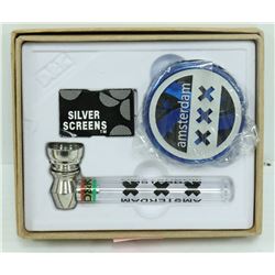 AMSTERDAM METAL/ GLASS PIPE & GRINDER SET; BLUE
