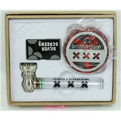 AMSTERDAM METAL/ GLASS PIPE & GRINDER SET; RED