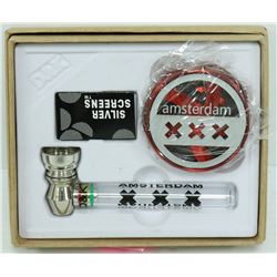 AMSTERDAM METAL/ GLASS PIPE & GRINDER SET; RED