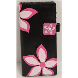 NEW SHAGWEAR WOMENS WALLET; BLACK/ PINK FLOWERS
