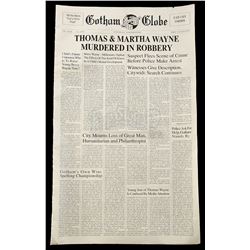 Lot #108 - BATMAN RETURNS (1992) - Gotham Globe "Thomas & Martha Wayne Murdered in Robbery" Newspape
