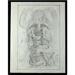 Lot #179 - CONAN THE BARBARIAN (1982) - Hand-Drawn Ron Cobb Conan and Snake Poster Concept Sketch