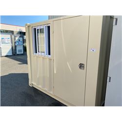 BRAND NEW 8' SHIPPING STORAGE CONTAINER, PORTABLE OFFICE, WITH DOOR, WINDOW AND REAR DOOR