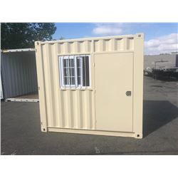 BRAND NEW 9' SHIPPING STORAGE CONTAINER, PORTABLE OFFICE, WITH DOOR, WINDOW AND REAR DOOR