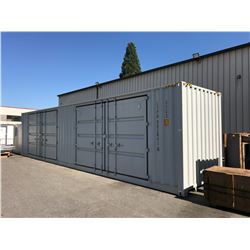 BRAND NEW 40' SHIPPING CONTAINER WITH 2 LARGE SIDE DOUBLE SWING DOORS AND 1 REAR DOUBLE SWING DOOR