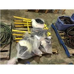 PALLET OF DUAL ROLLER STANDS, SAFETY HELMETS & ELECTRIC VENTILATION FAN